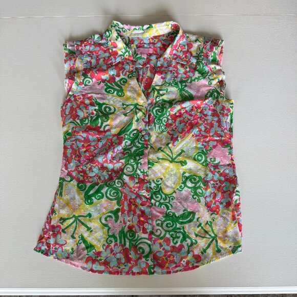 Lilly Pulitzer Sleeveless Floral Blouse Size 10 Collared Ruffle Sheer Light - Picture 1 of 9
